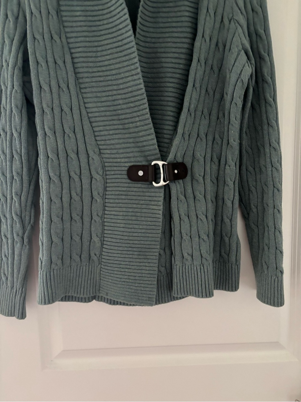 Lauren Ralph Lauren Buckle Shawl Collar Cable Cotton Sweater Preppy Classic XL - Picture 5 of 6